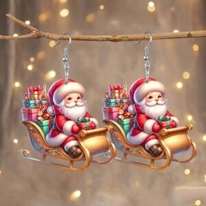 NEW Acrylic Santa Claus On Sleigh Dangle Earrings